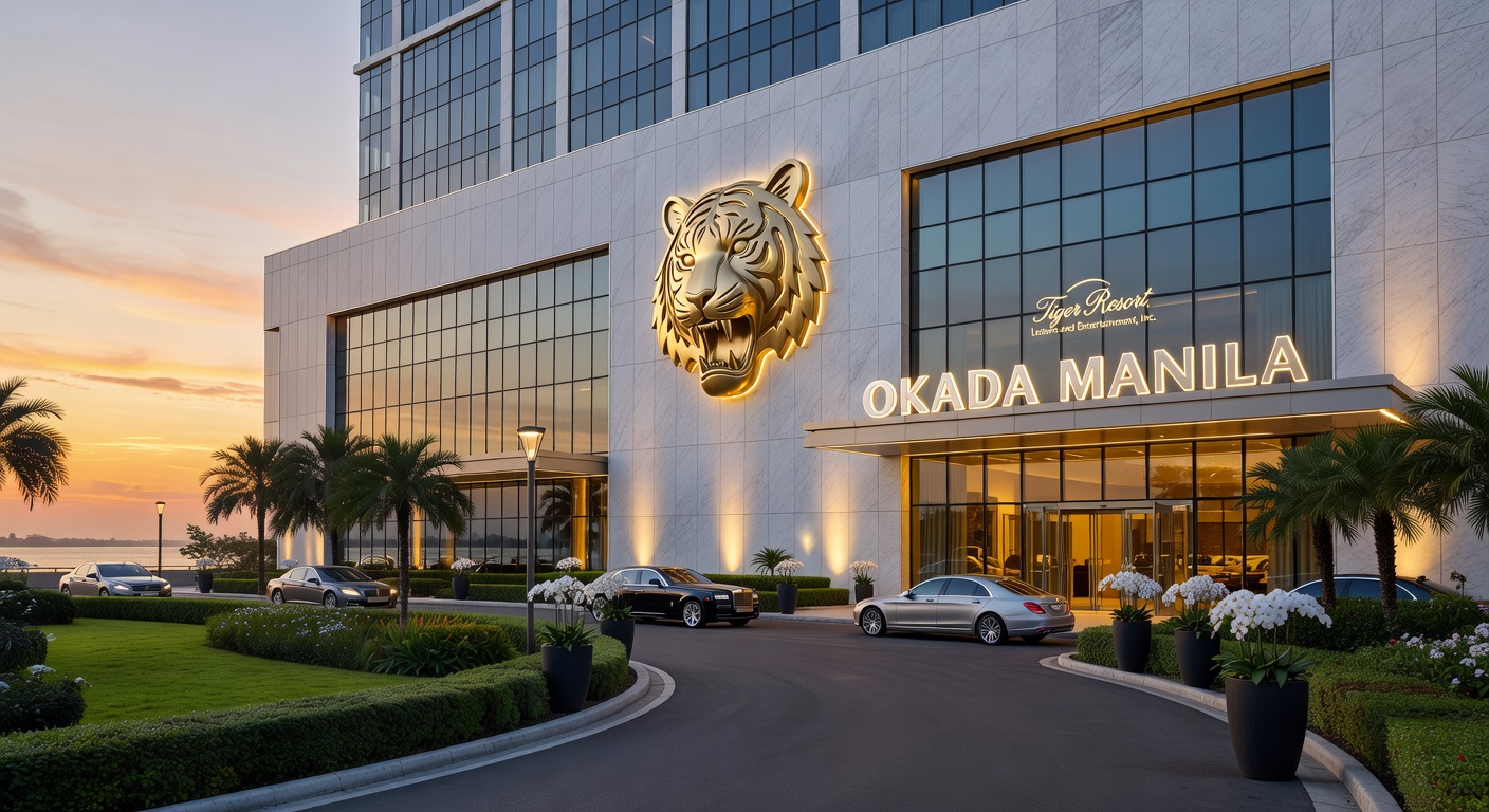 Interior shot of Okada Manila's bustling casino floor with slot machines, table games, and patrons engaged in play under dramatic lighting
