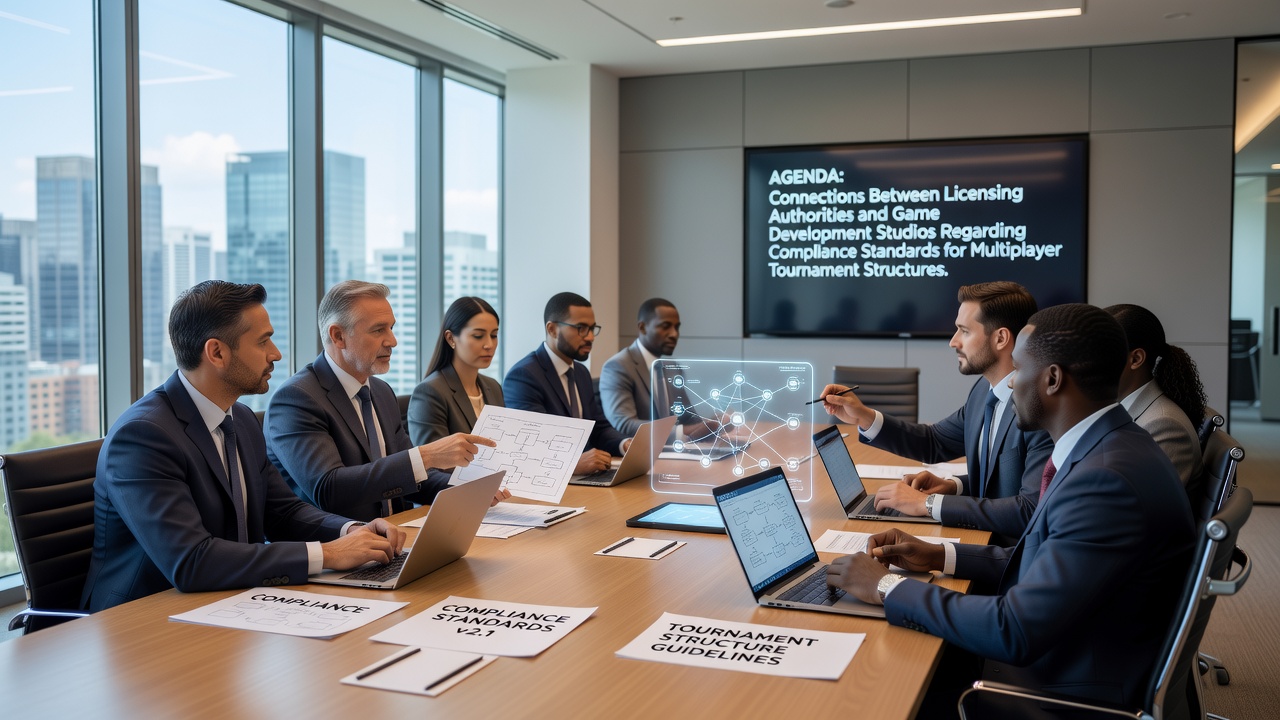 Regulatory officials reviewing tournament compliance documentation with game developers in a modern office setting