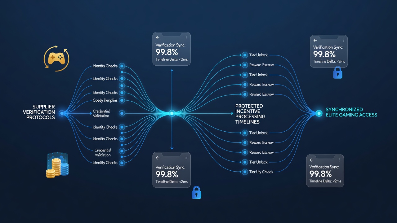 Illustration of synchronized supplier verification and incentive processing systems in mobile gaming apps