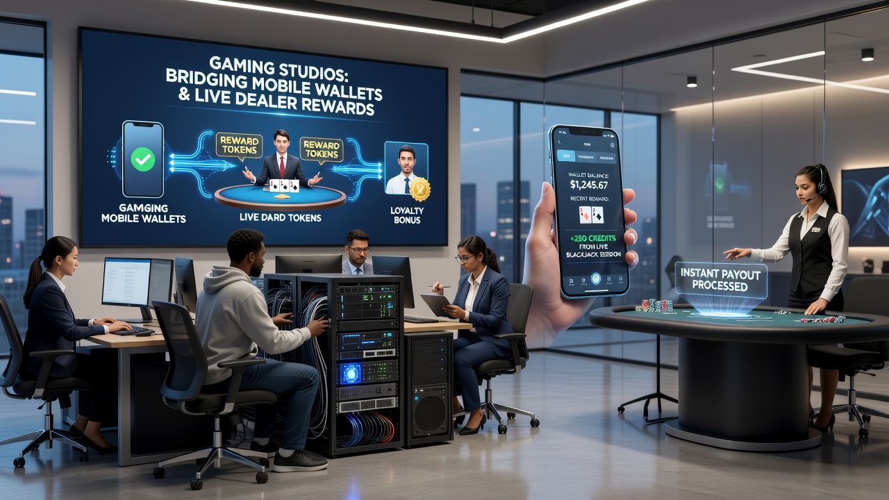 Live dealer table with overlaid mobile wallet reward notification on a smartphone screen