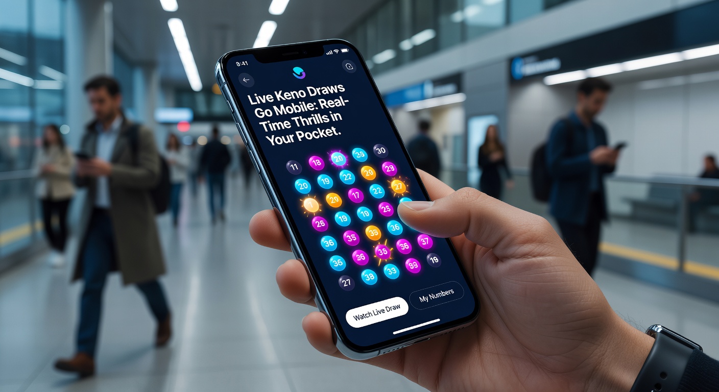 Close-up of a mobile app interface showing a live Keno game in progress, with numbered balls highlighted and a countdown timer ticking down