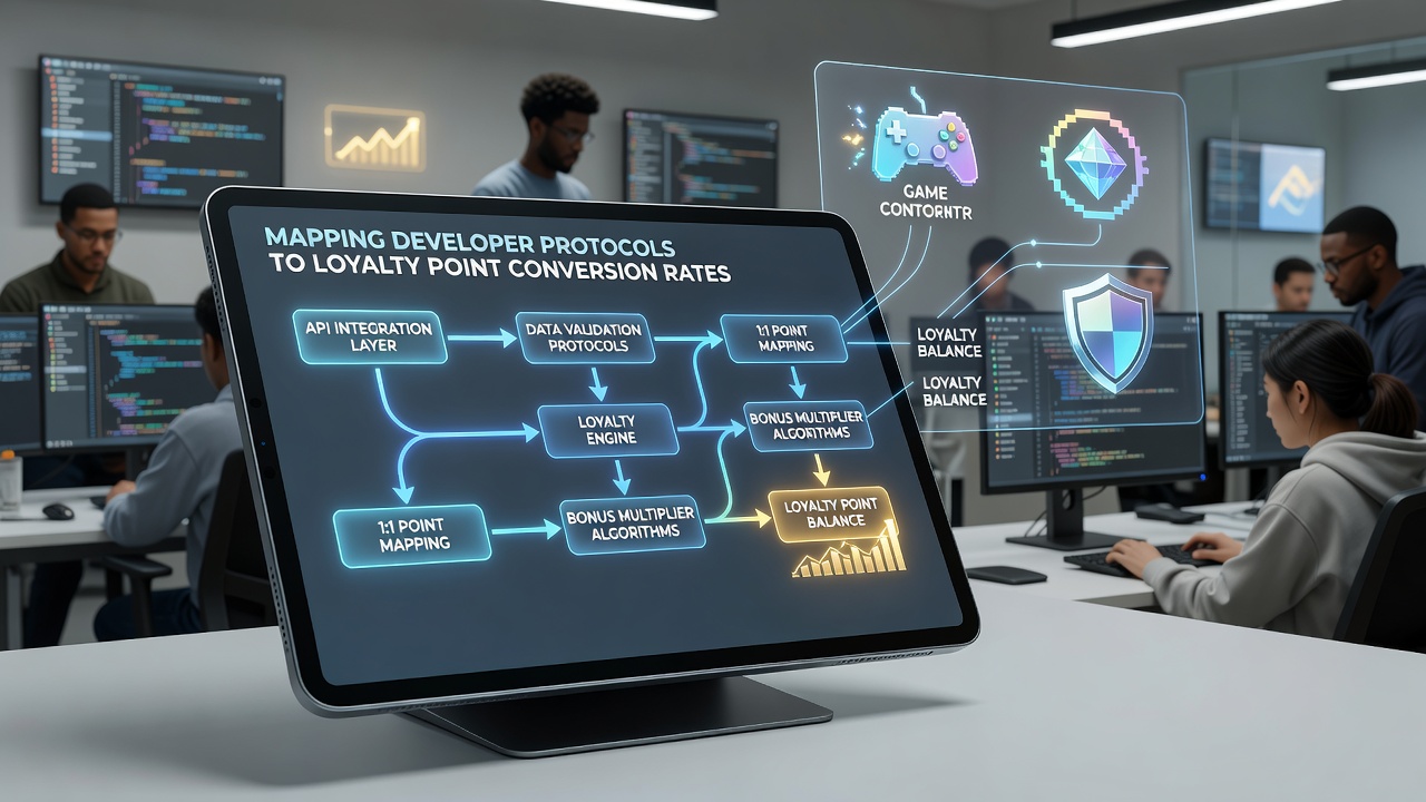 Illustration of tablet gaming interface showing real-time loyalty point updates from mapped protocols