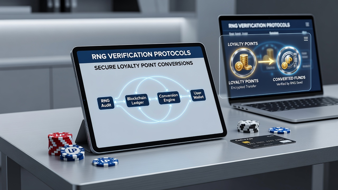 Close-up view of a secure loyalty point conversion screen in a mobile casino app with RNG verification badge and encrypted transaction confirmation