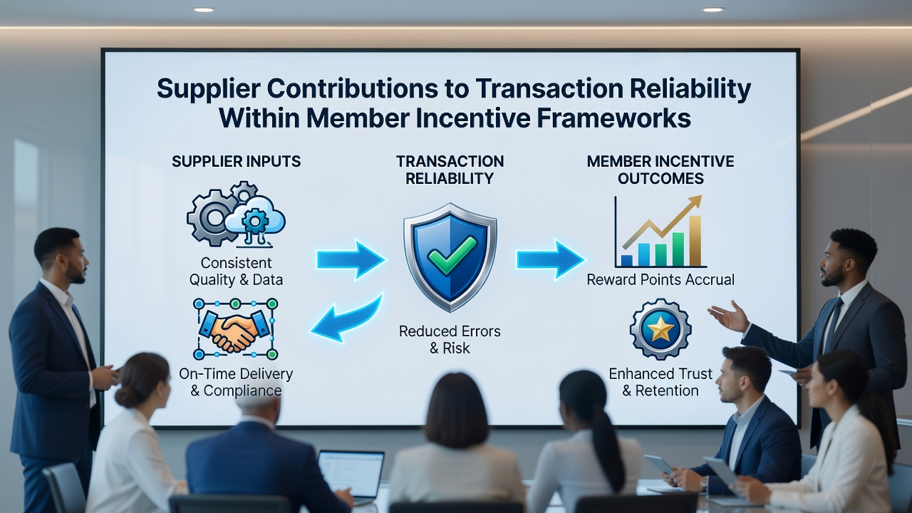 Flowchart illustrating encrypted data pathways between suppliers and member incentive ledgers